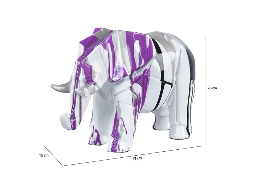 Statue éléphant géométrique coulure noir argenté violet H20 cm - DUMBO