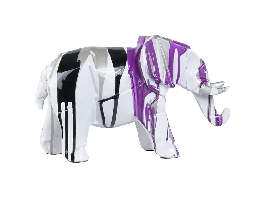 Statue éléphant géométrique coulure noir argenté violet H20 cm - DUMBO