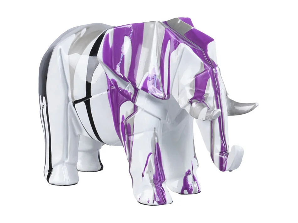 Statue éléphant géométrique coulure noir argenté violet H20 cm - DUMBO