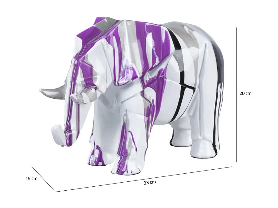 Statue éléphant géométrique coulure noir argenté violet H20 cm - DUMBO