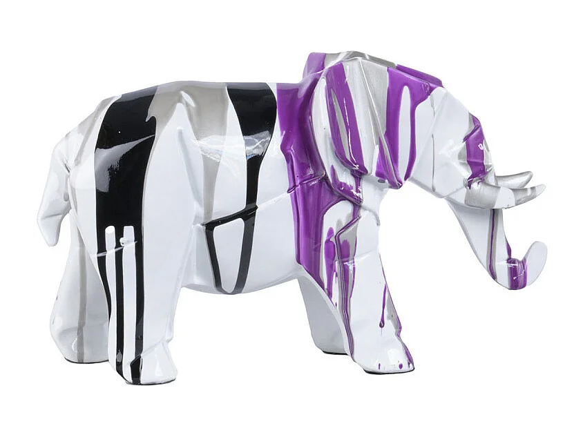 Statue éléphant géométrique coulure noir argenté violet H20 cm - DUMBO