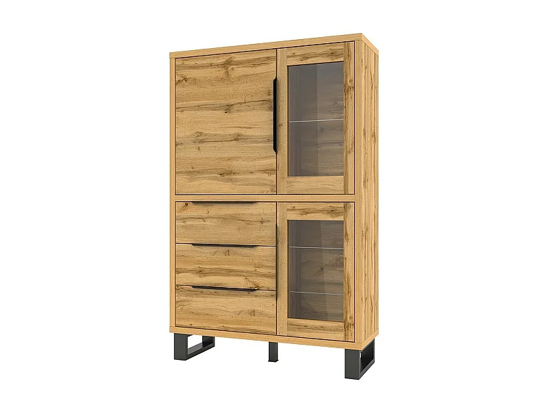 Eichfarbene Vitrine aus der MILO Kollektion. Schwarze Oberflächen. Ideales Möbelstück für Ihr Esszimmer.