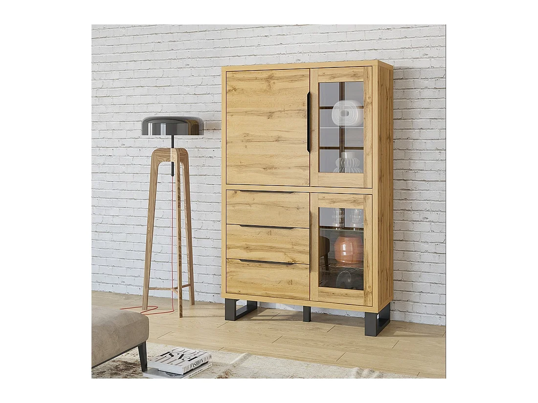 Vaisselier coloris chêne collection MILO. Finition noires. Meuble idéal pour votre salle à manger.