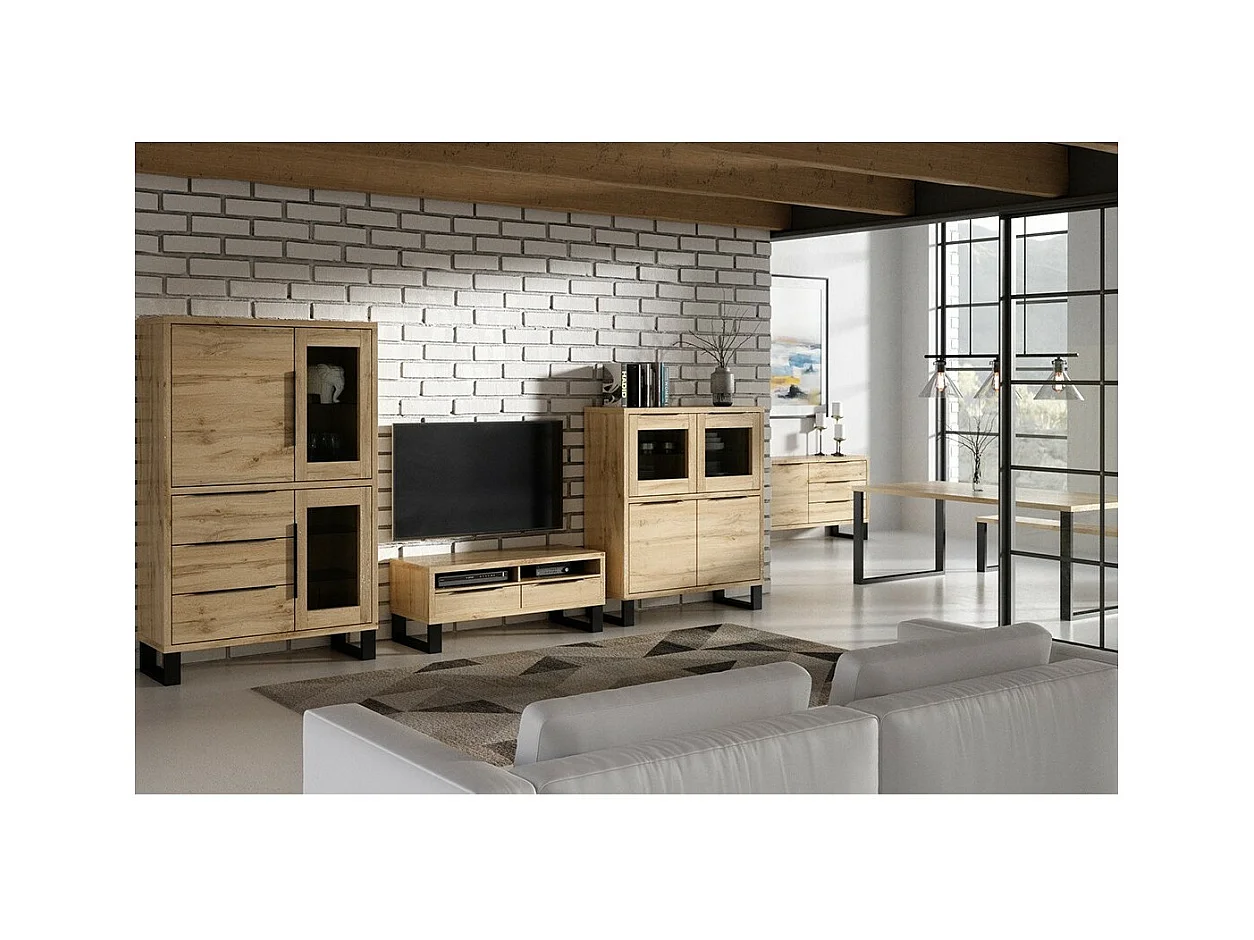 Vaisselier coloris chêne collection MILO. Finition noires. Meuble idéal pour votre salle à manger.