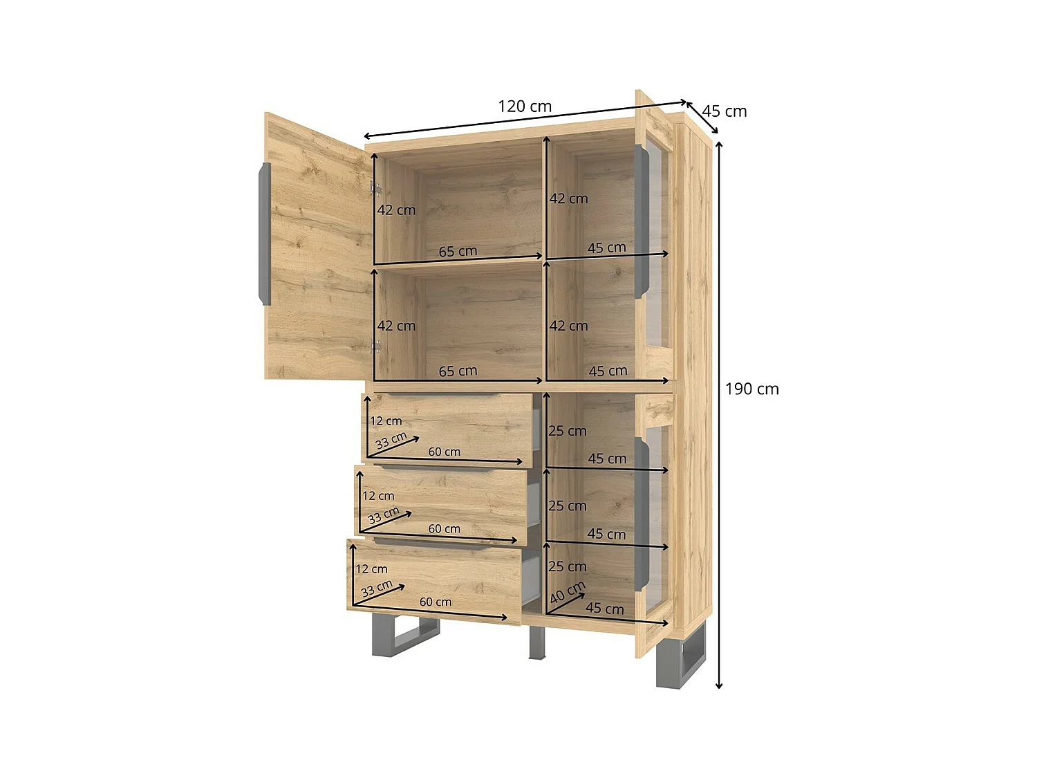 Vaisselier coloris chêne collection MILO. Finition noires. Meuble idéal pour votre salle à manger.