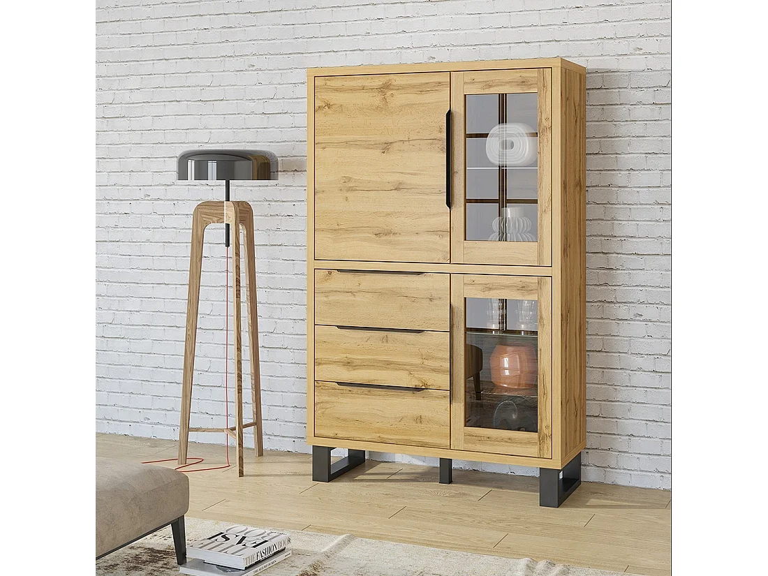 Vaisselier coloris chêne collection MILO. Finition noires. Meuble idéal pour votre salle à manger.