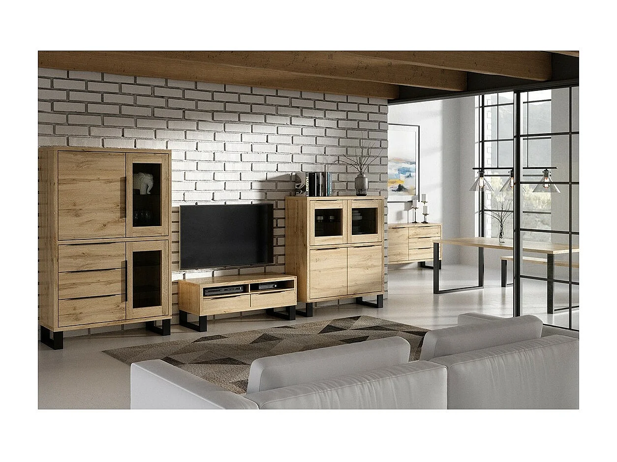 Vaisselier coloris chêne collection MILO. Finition noires. Meuble idéal pour votre salle à manger.