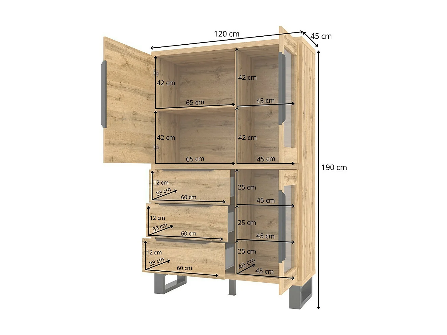 Vaisselier coloris chêne collection MILO. Finition noires. Meuble idéal pour votre salle à manger.