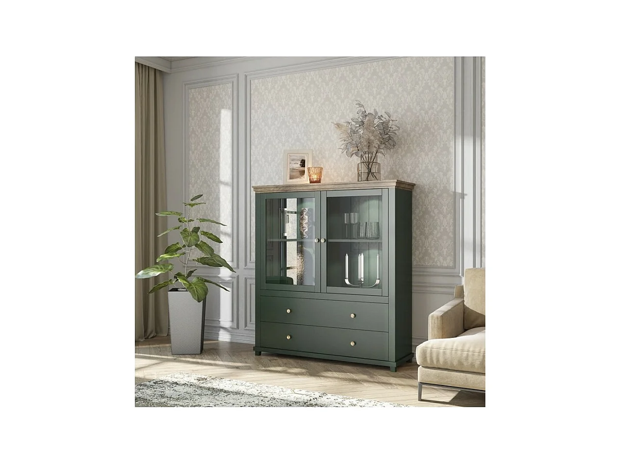 Aparador con LED integrados colección ASSIA. Color verde y roble. 2 Puertas y 2 Cajones.