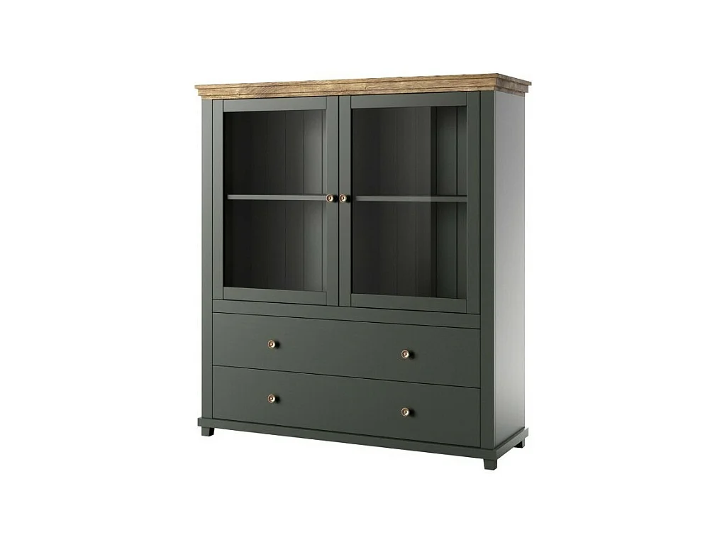 Vaisselier avec LED intégrées collection ASSIA. Coloris vert et chêne. 2 Portes et 2 Tiroirs