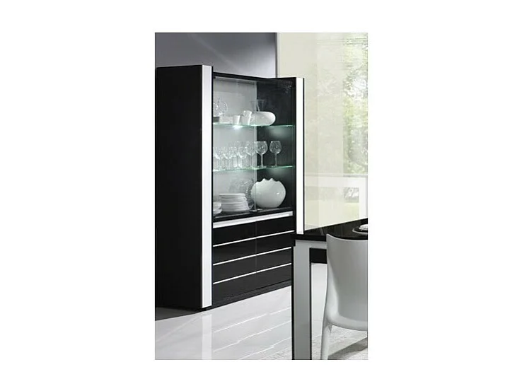 Vitrine argentier vaisselier LINA noir et blanc avec LED – 4 portes battantes