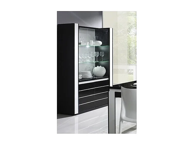 Vitrine argentier vaisselier LINA noir et blanc avec LED – 4 portes battantes
