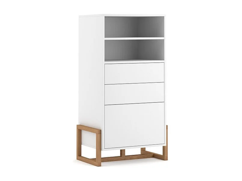 Vaisselier design GEILO 2 tiroirs, 1 porte et 2 niches, coloris blanc mat et hêtre
