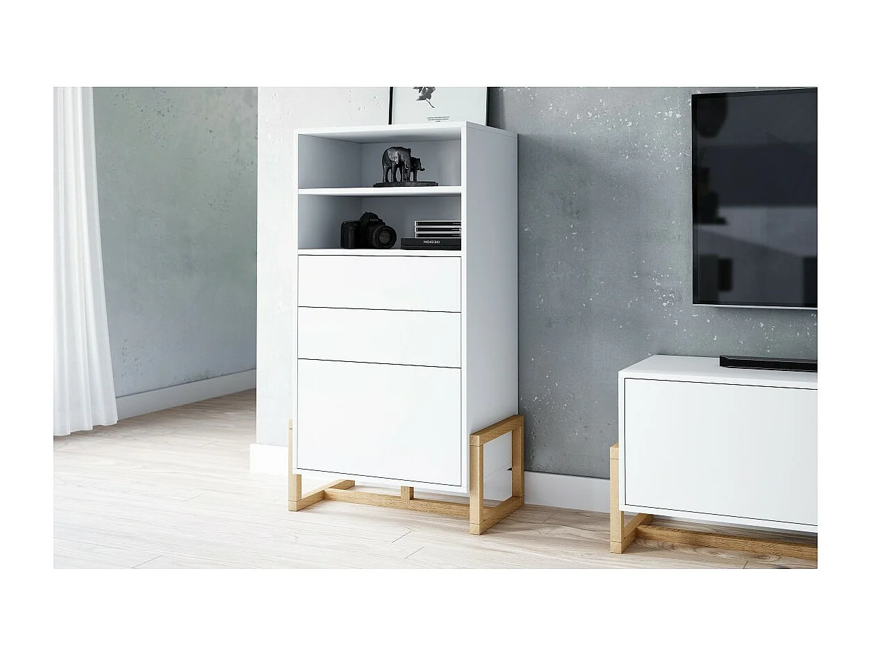 Vaisselier design GEILO 2 tiroirs, 1 porte et 2 niches, coloris blanc mat et hêtre