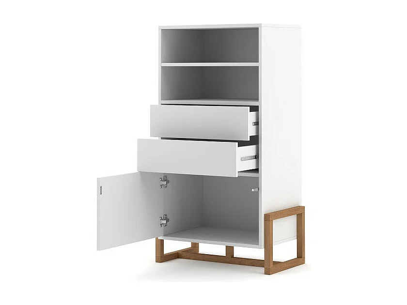 Vaisselier design GEILO 2 tiroirs, 1 porte et 2 niches, coloris blanc mat et hêtre