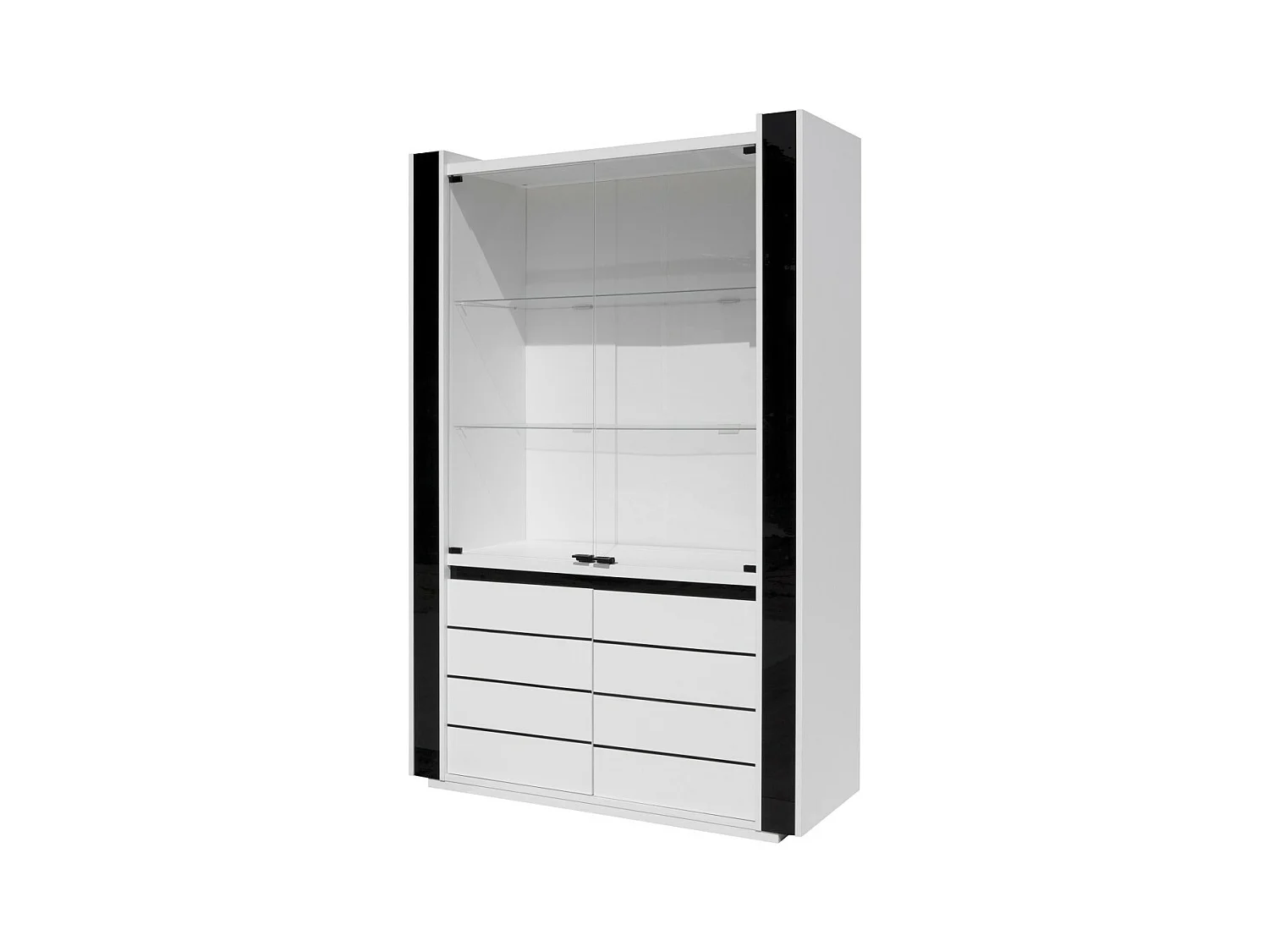Vitrine / Silberschrank / Geschirrschrank LINA in Weiß mit glänzenden weißen und schwarzen Fronten – 120 x 185 x 45 cm