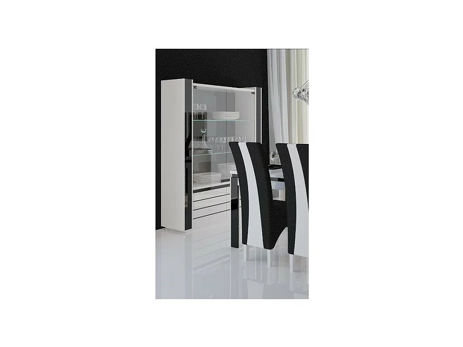 Vitrine / Silberschrank / Geschirrschrank LINA in Weiß mit glänzenden weißen und schwarzen Fronten – 120 x 185 x 45 cm