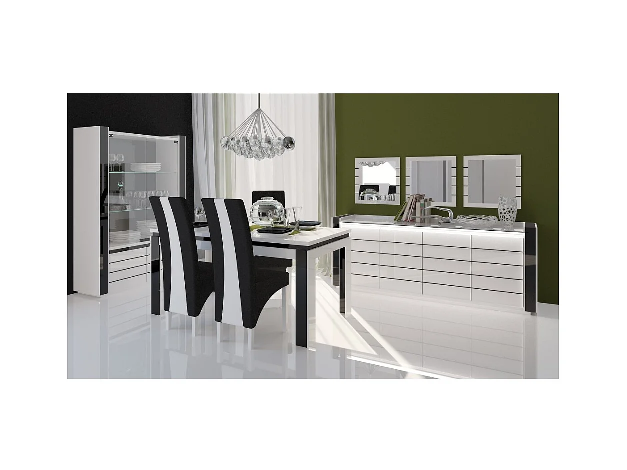 Vitrine / Silberschrank / Geschirrschrank LINA in Weiß mit glänzenden weißen und schwarzen Fronten – 120 x 185 x 45 cm