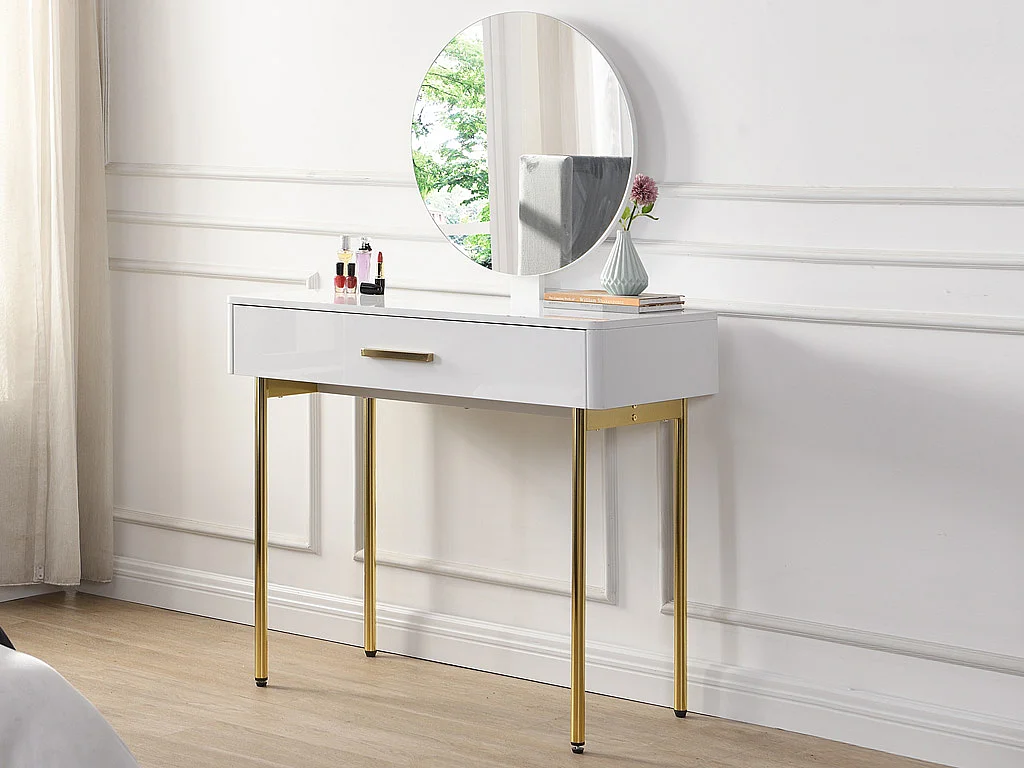 Coiffeuse avec miroir et tiroir - MDF et métal - Blanc laqué et doré - VONALI