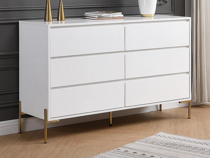 Cómoda 6 gavetas, MDF e metal lacado a branco e dourado - KORASA