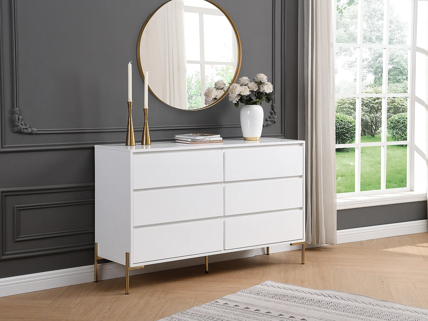 Commode 6 tiroirs - MDF et métal - Blanc laqué et doré - KORASA de Pascal Morabito