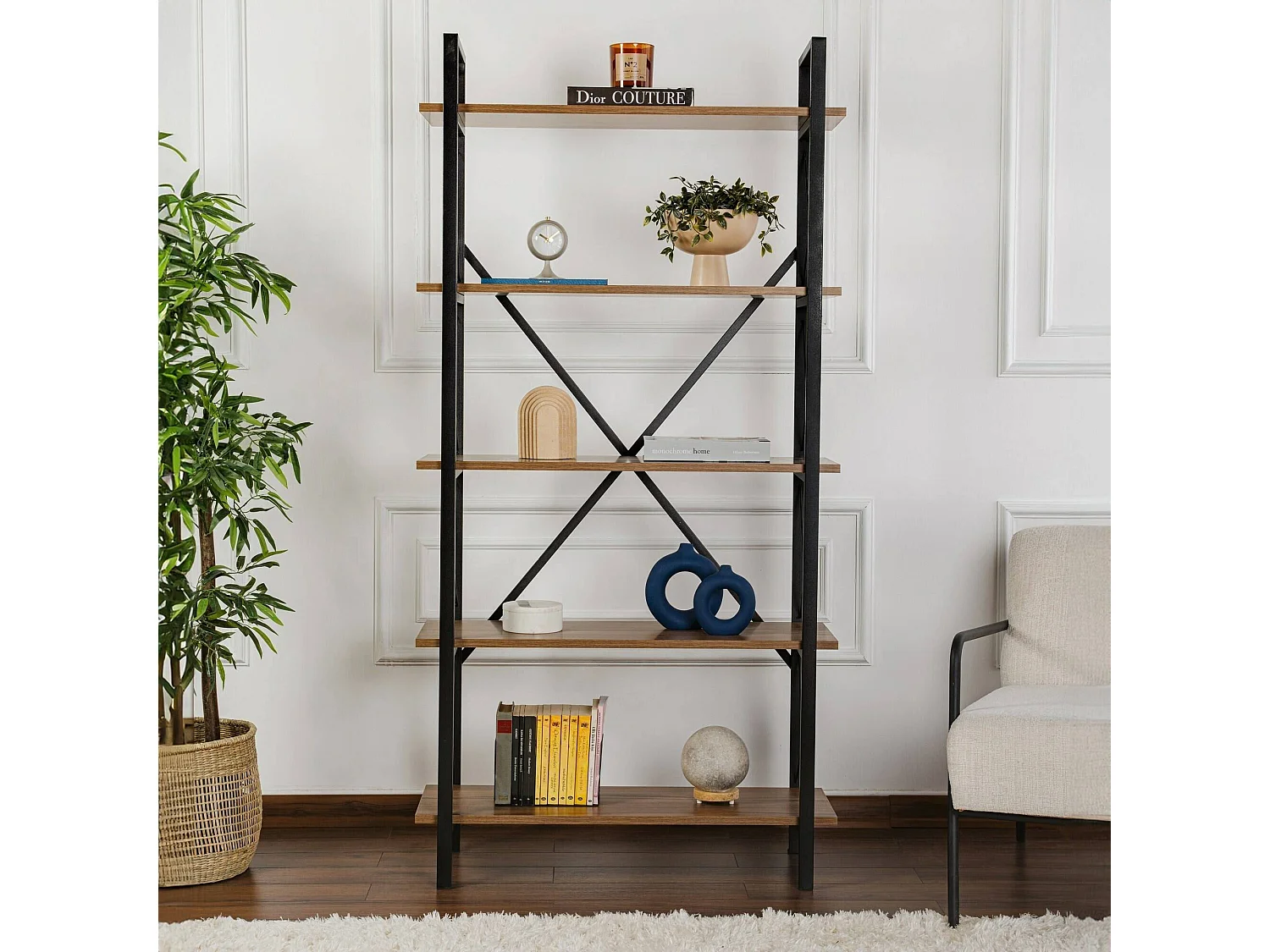 Étagère Suriel, 5 étagères, 33,5x90x180h cm, Marron, Bibliothèque