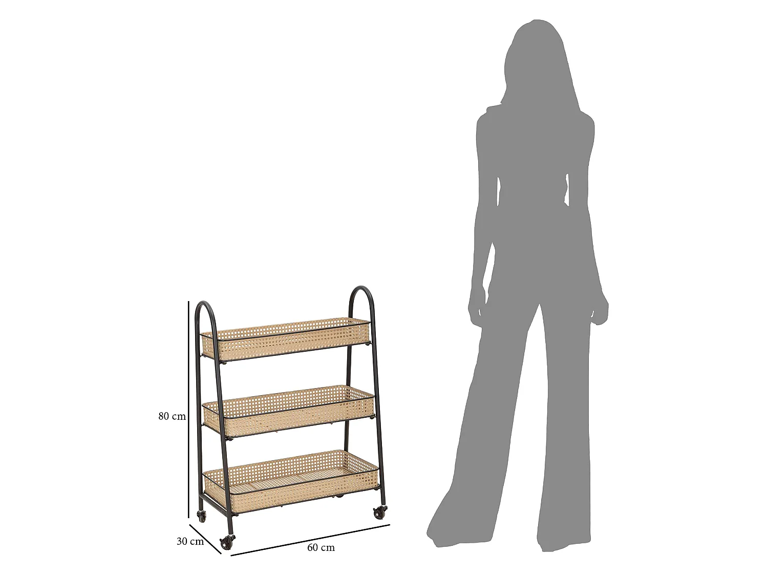 Carrello Fapaga, 3 Ripiani, 60x30x80h cm Marrone, Ruote, Finitura Effetto Paglia di Vienna