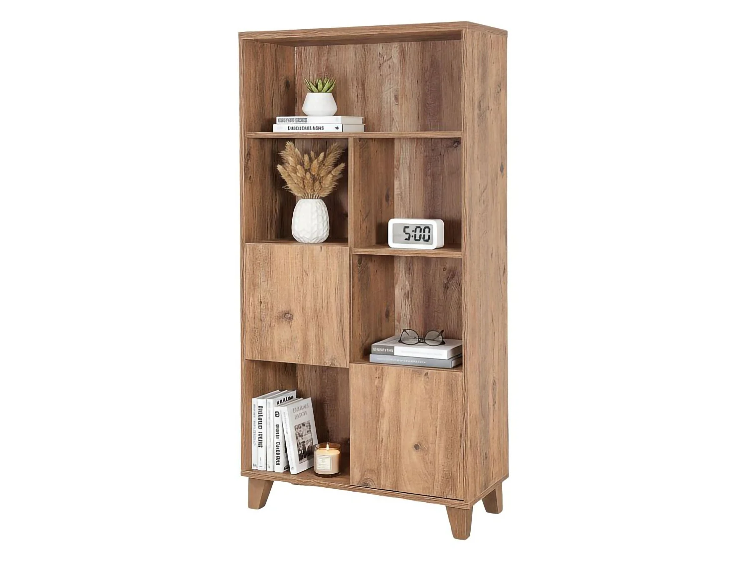 Bücherregal Yasmin, 5 Regalböden, 80x36x155h cm Eiche Braun, Bücherschrank, 3 Türen, Wandmontage