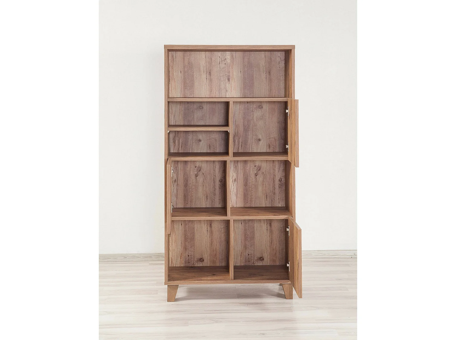Bücherregal Yasmin, 5 Regalböden, 80x36x155h cm Eiche Braun, Bücherschrank, 3 Türen, Wandmontage