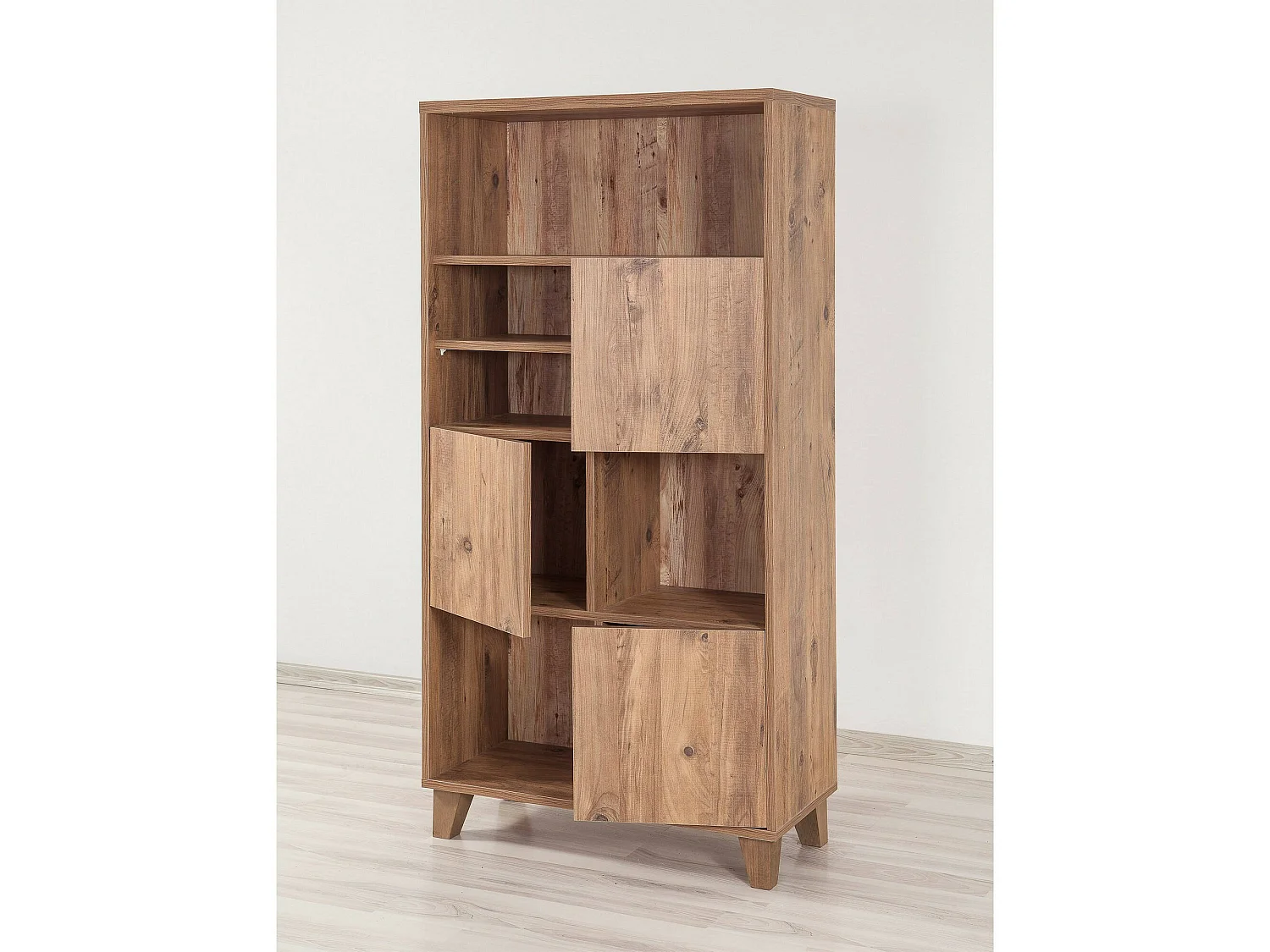 Bücherregal Yasmin, 5 Regalböden, 80x36x155h cm Eiche Braun, Bücherschrank, 3 Türen, Wandmontage