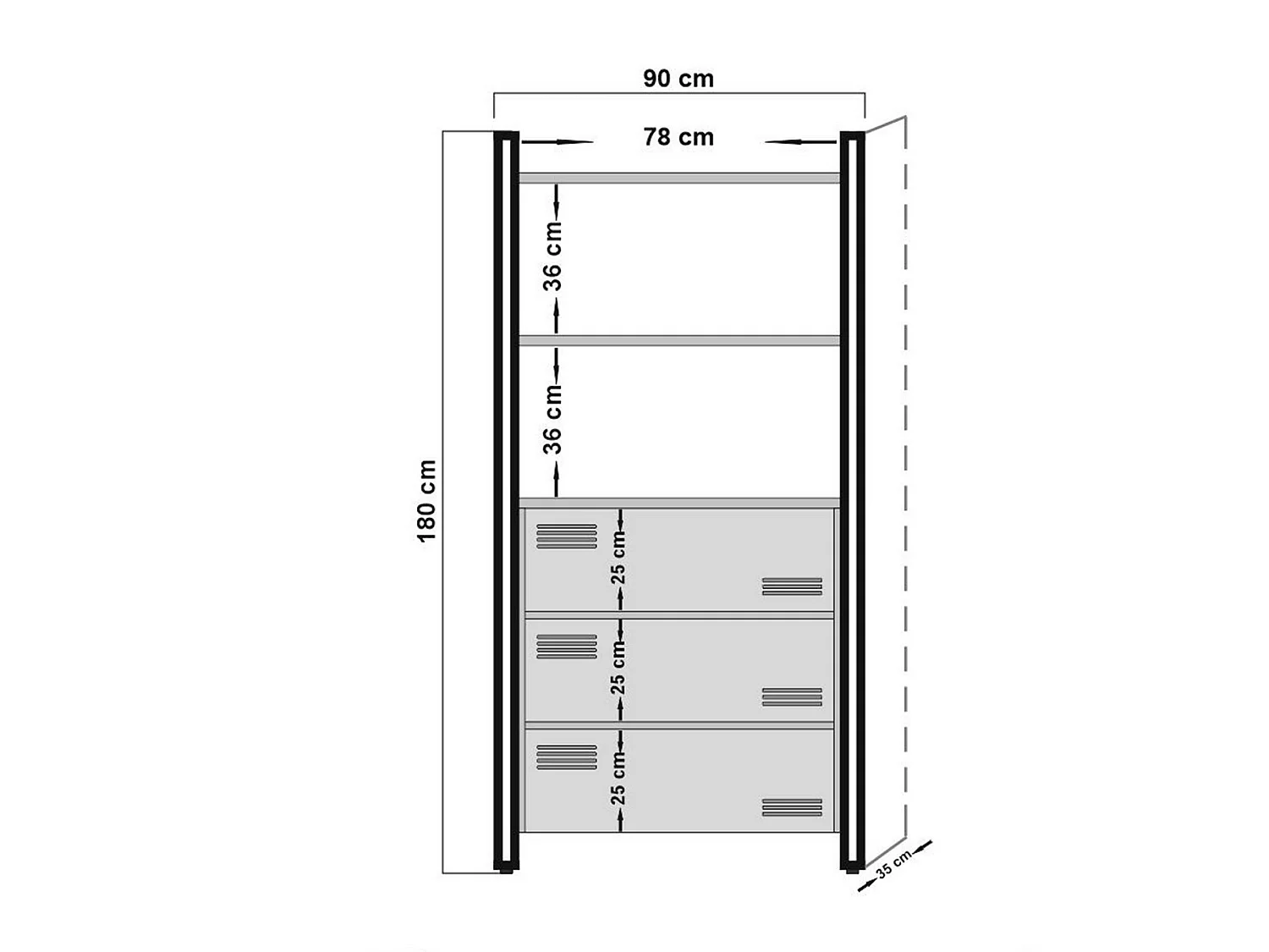 Bücherregal Podul, 2 Böden, 90x35x180h cm, Eiche braun, 3 Schubladen, Wandmontage