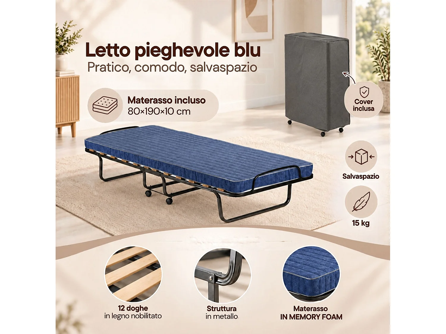 Lit Pliant Fosca, Matelas Inclus Fabriqué en Italie, Noir, Lit de Camp