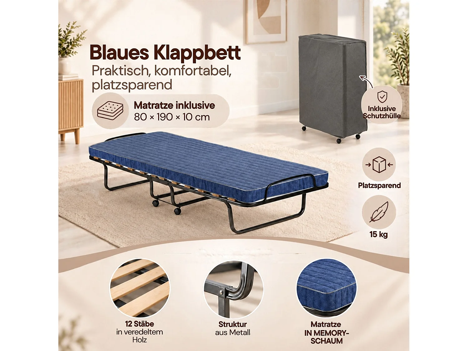 Lit Pliant Fosca, Matelas Inclus Fabriqué en Italie, Noir, Lit de Camp