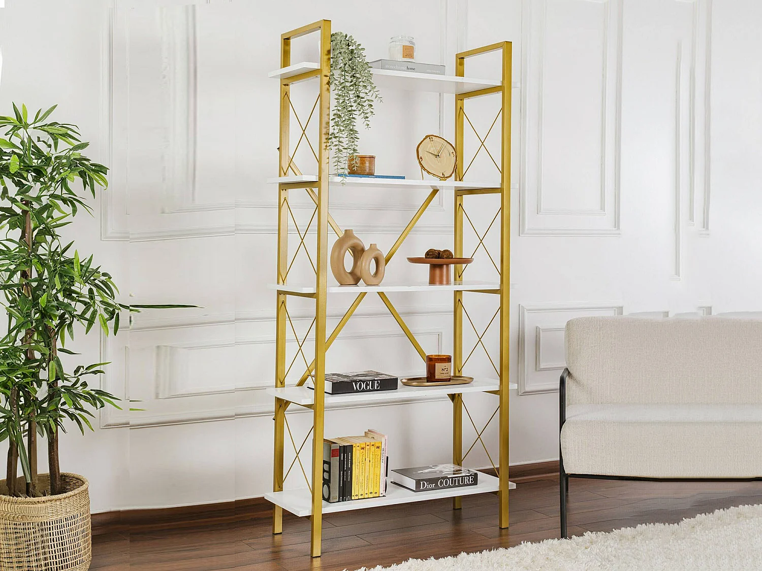 Boekenkast Suriel, 5 planken, 90x34x180h cm wit, wandmontage, vaste constructie