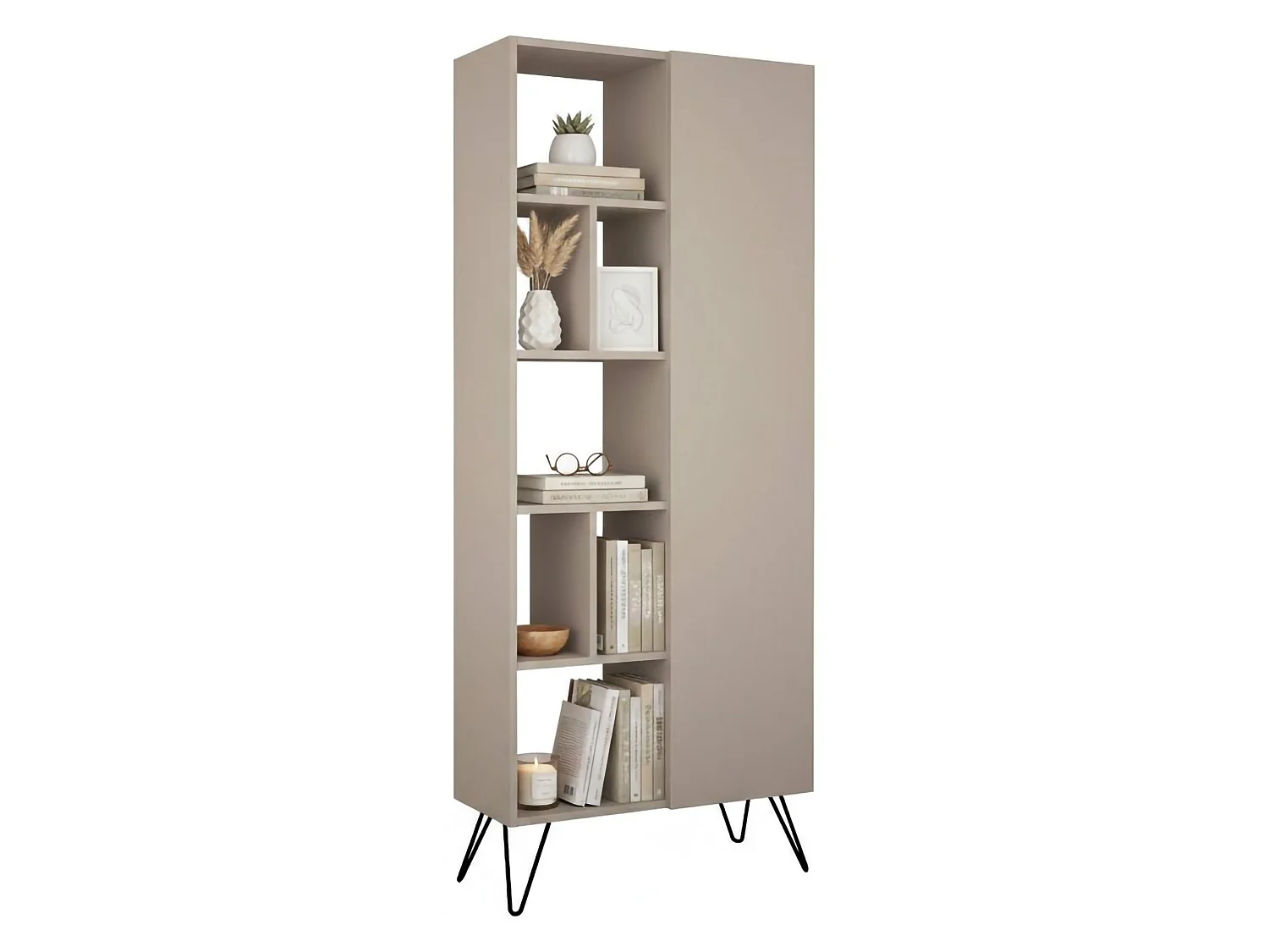 Regal Lince, 4 Böden, 79x32x190h cm Beige, Bücherregal, 1 Tür, Wandmontage