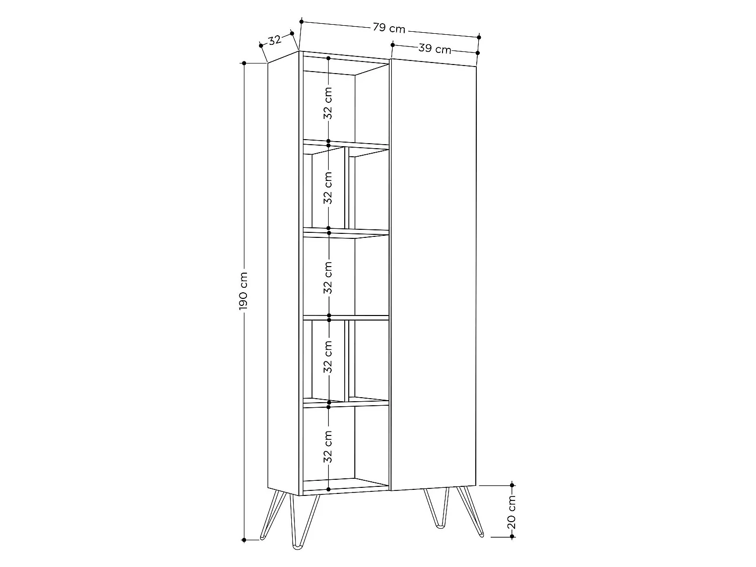 Regal Lince, 4 Böden, 79x32x190h cm Beige, Bücherregal, 1 Tür, Wandmontage