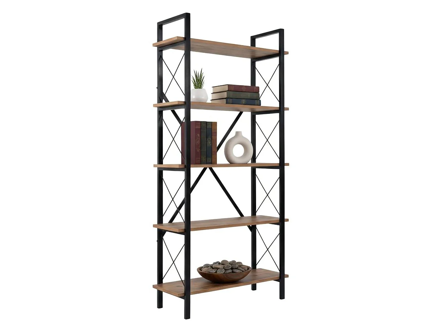 Boekenkast Suriel, 5 planken, 90x34x180h cm, dennenbruin, wandmontage, framekleur zwart