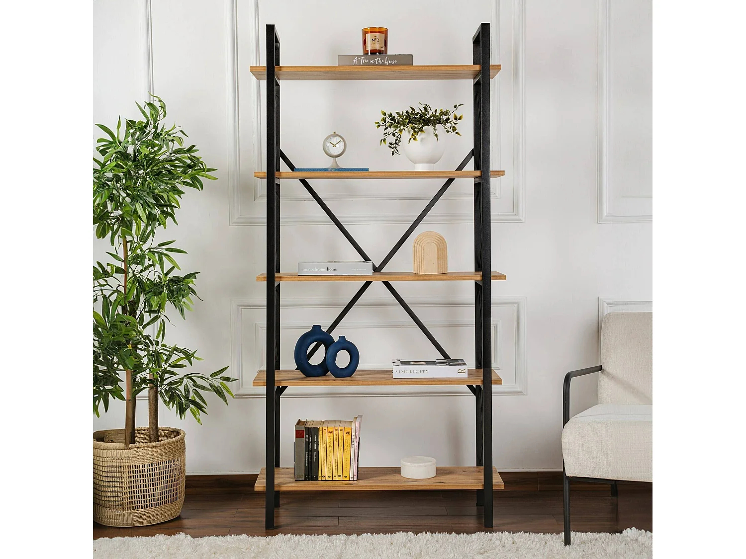 Boekenkast Suriel, 5 planken, 90x34x180h cm, dennenbruin, wandmontage, framekleur zwart