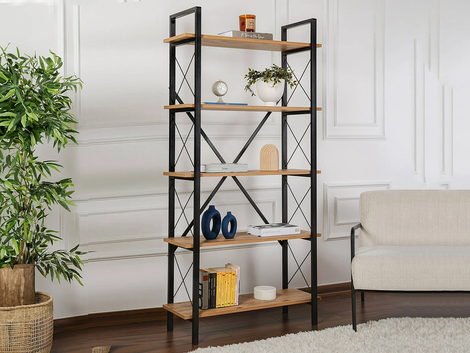 Boekenkast Suriel, 5 planken, 90x34x180h cm, dennenbruin, wandmontage, framekleur zwart
