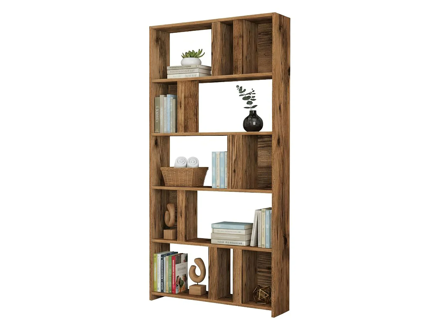 Bücherregal Karl, 5 Böden, 90x20x180h cm, Nussbraun, Wandmontage, Nuss-Holzstruktur mit Farbverlauf