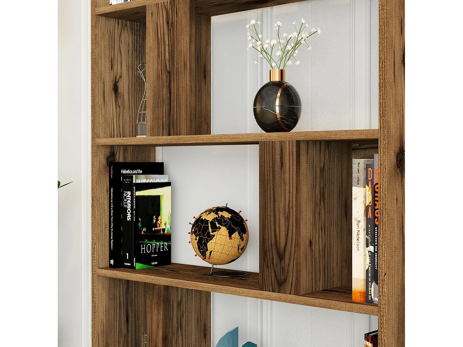 Bücherregal Karl, 5 Böden, 90x20x180h cm, Nussbraun, Wandmontage, Nuss-Holzstruktur mit Farbverlauf