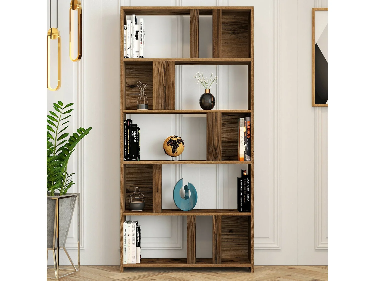 Bücherregal Karl, 5 Böden, 90x20x180h cm, Nussbraun, Wandmontage, Nuss-Holzstruktur mit Farbverlauf