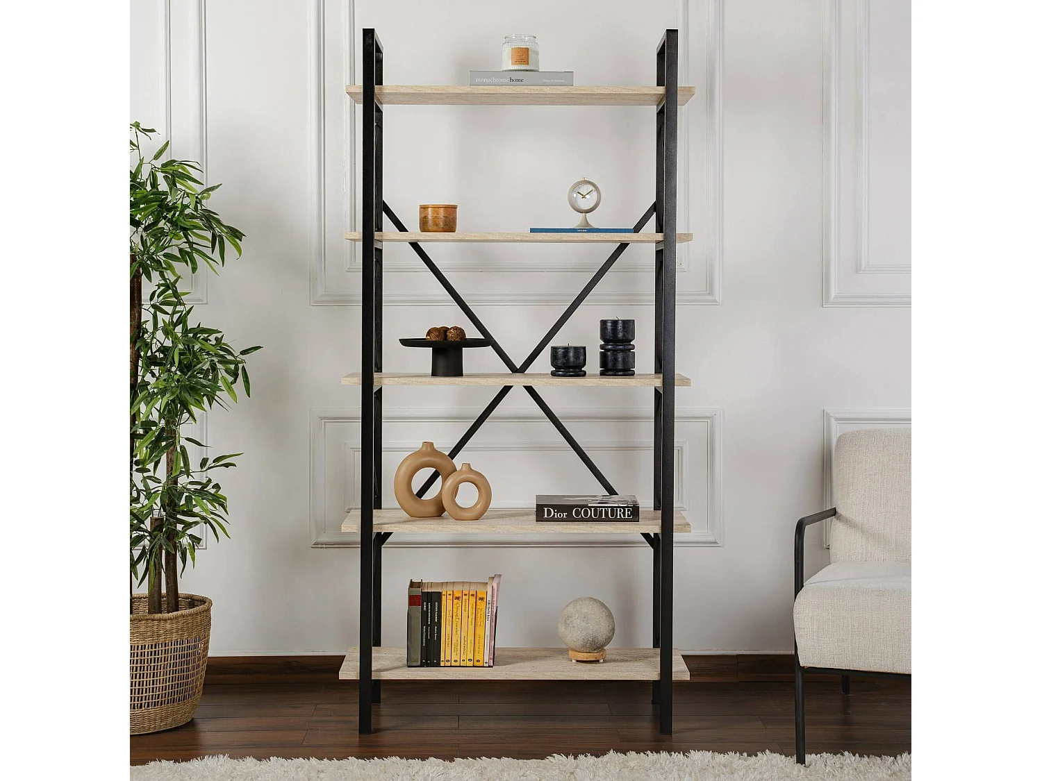 Boekenkast Suriel, 5 planken, 90x34x180h cm beige, wandmontage, vaste constructie