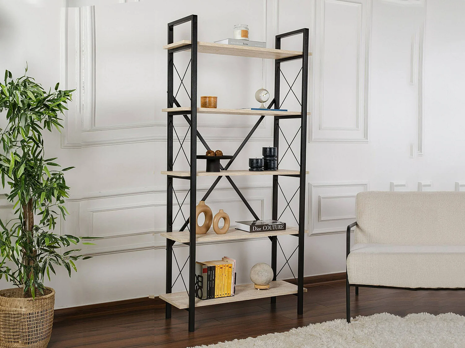 Boekenkast Suriel, 5 planken, 90x34x180h cm beige, wandmontage, vaste constructie