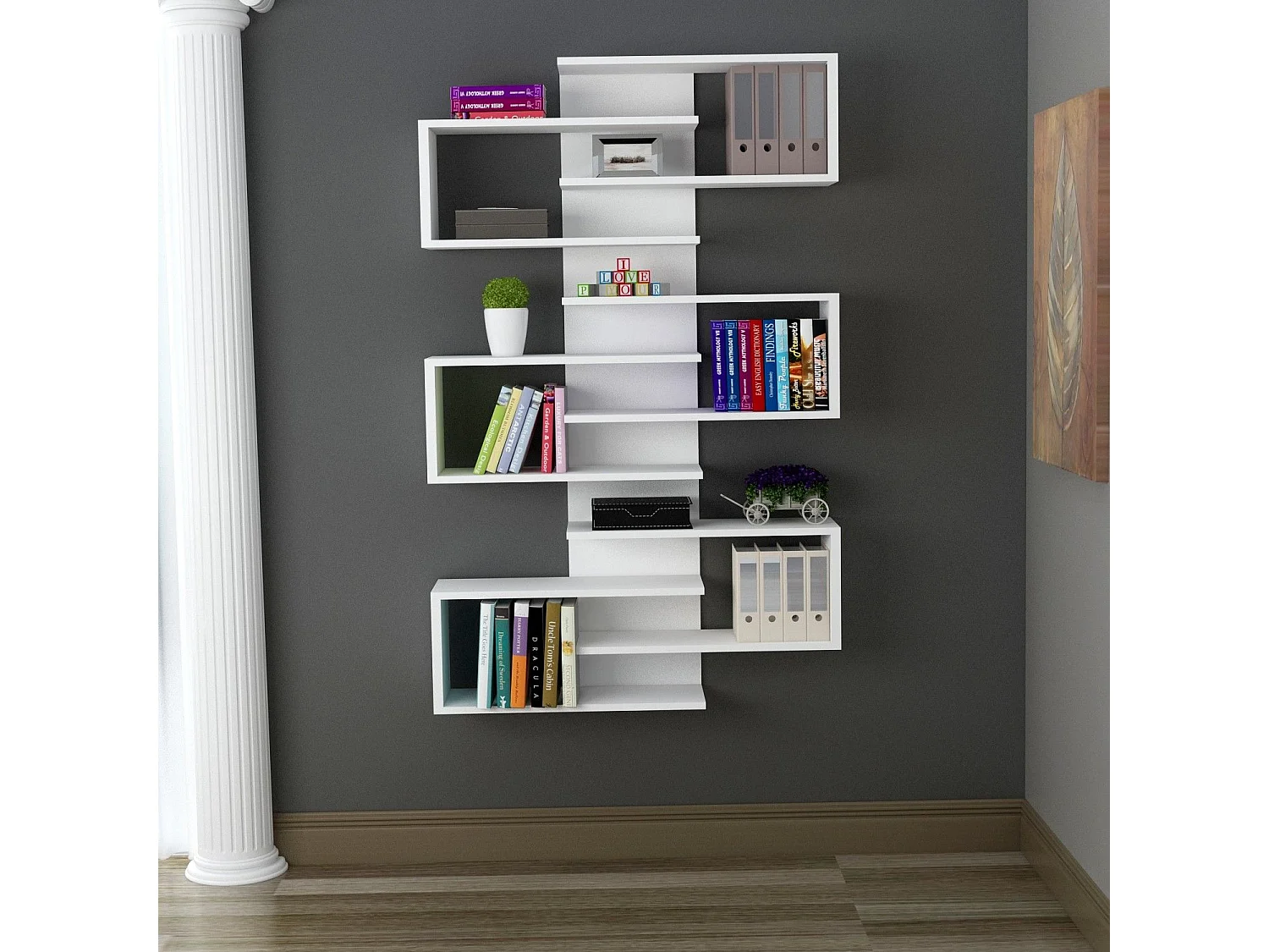 Bücherregal Trenzano, 11 Böden, 75x21x161h cm Weiß, Bibliothek, Wandbefestigung