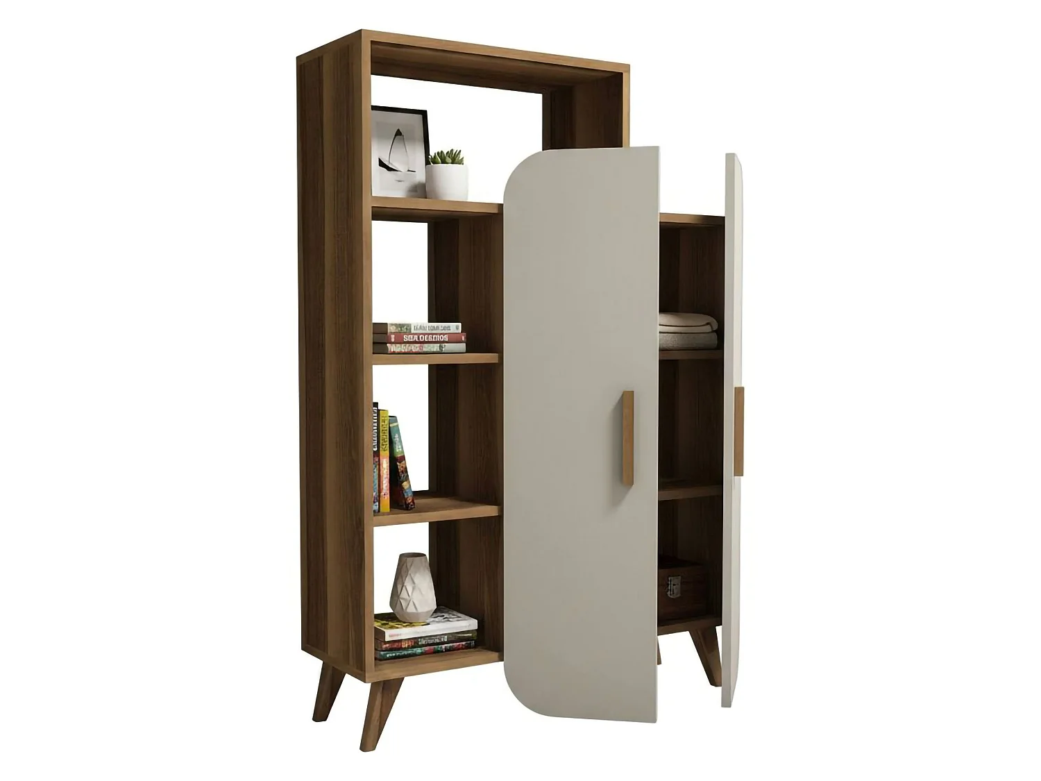 Bücherregal Agni, 5 Regalböden, 90x32x132h cm Nussbraun, 2 Türen, Wandmontage