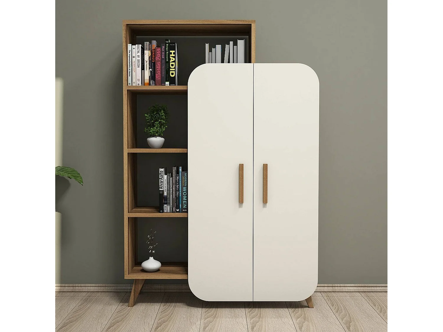 Bücherregal Agni, 5 Regalböden, 90x32x132h cm Nussbraun, 2 Türen, Wandmontage