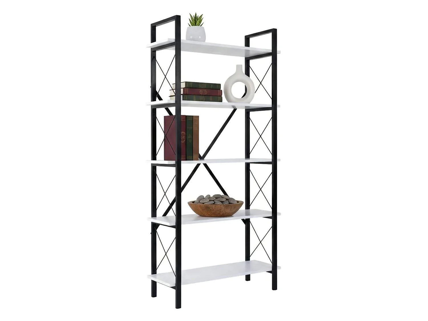 Boekenkast Suriel, 5 planken, 90x34x180h cm wit, bibliotheekkast, wandmontage, vaste constructie
