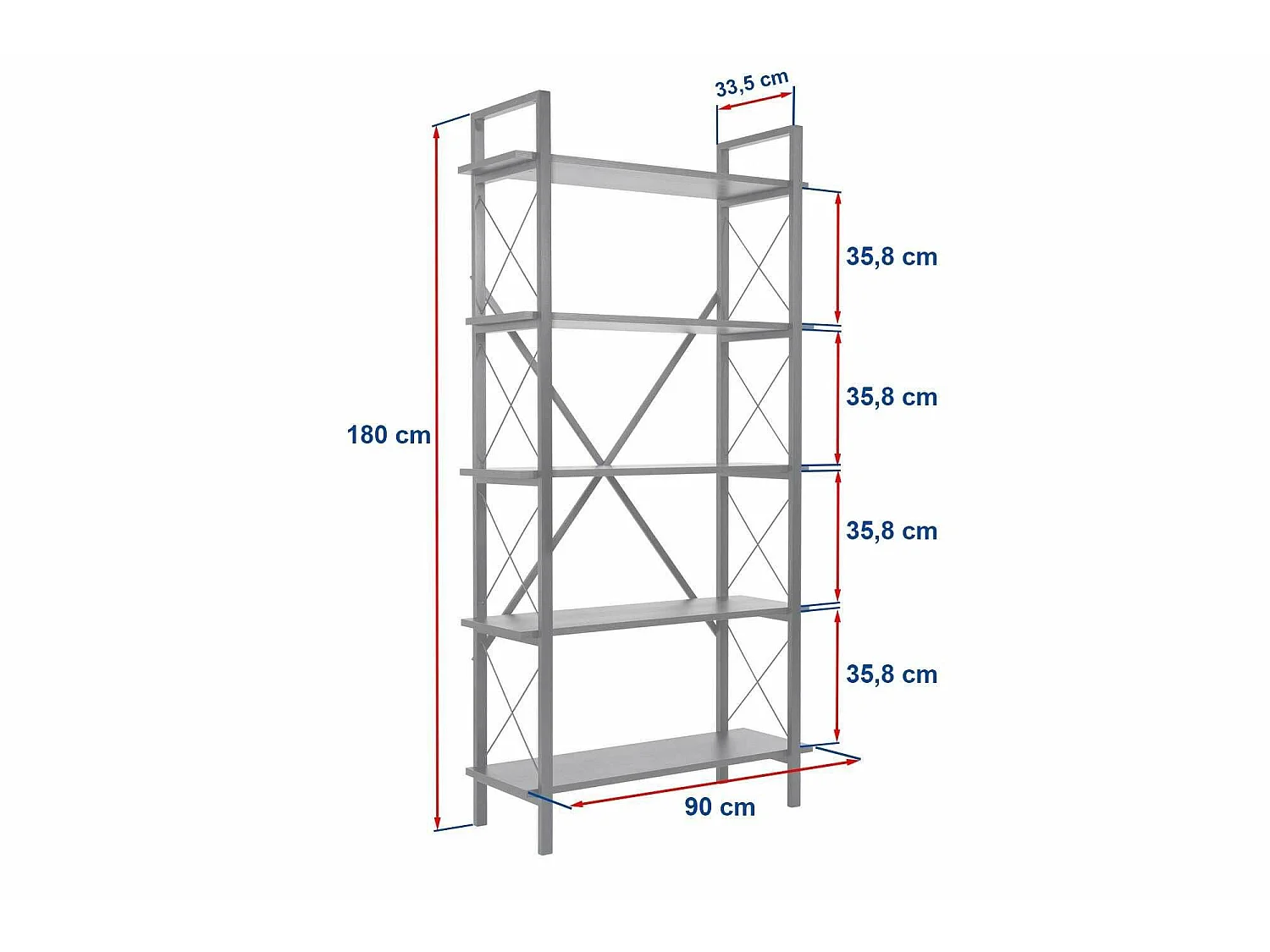 Boekenkast Suriel, 5 planken, 90x34x180h cm wit, bibliotheekkast, wandmontage, vaste constructie