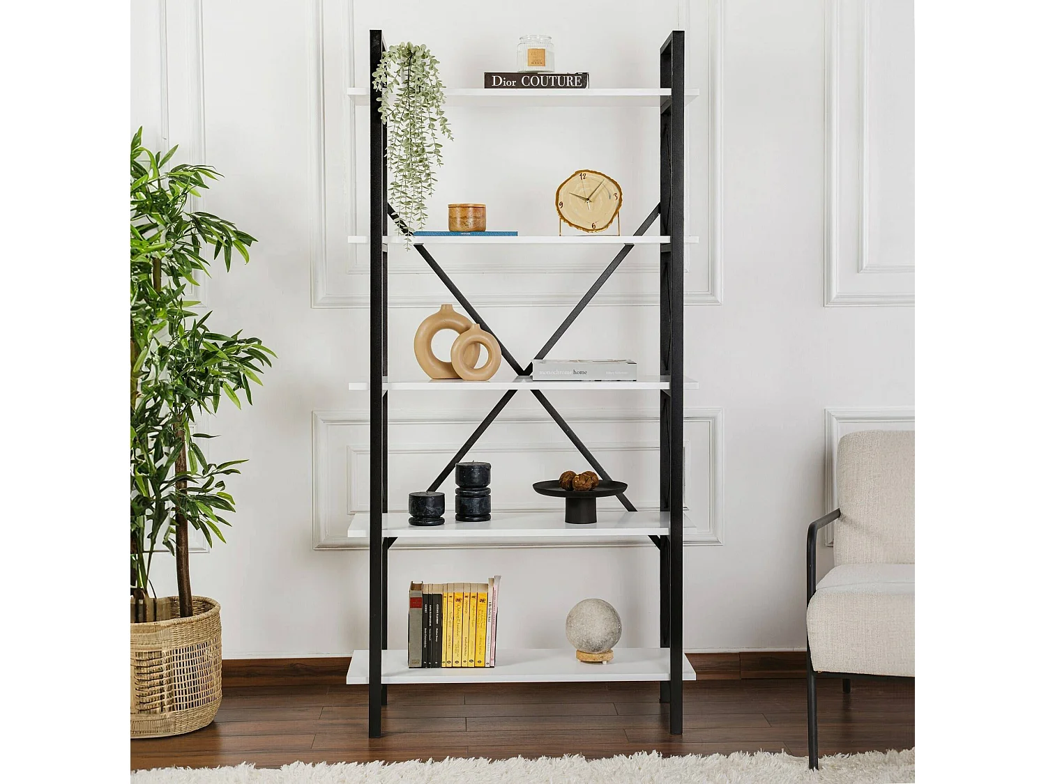 Boekenkast Suriel, 5 planken, 90x34x180h cm wit, bibliotheekkast, wandmontage, vaste constructie